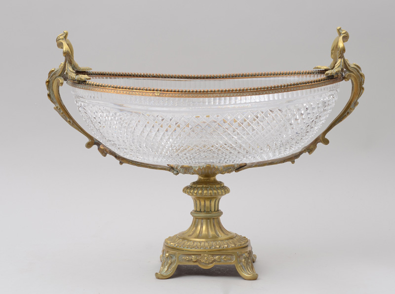 Appraisal: LOUIS PHILIPPE STYLE GILT-BRONZE-MOUNTED CUT-GLASS BOAT-FORM CENTERPIECE The diamond faceted