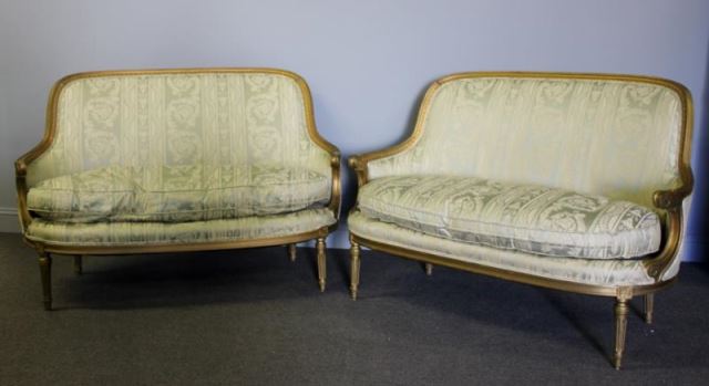 Appraisal: Pair of Louis XVI Antique Settees Canapes Down filled From