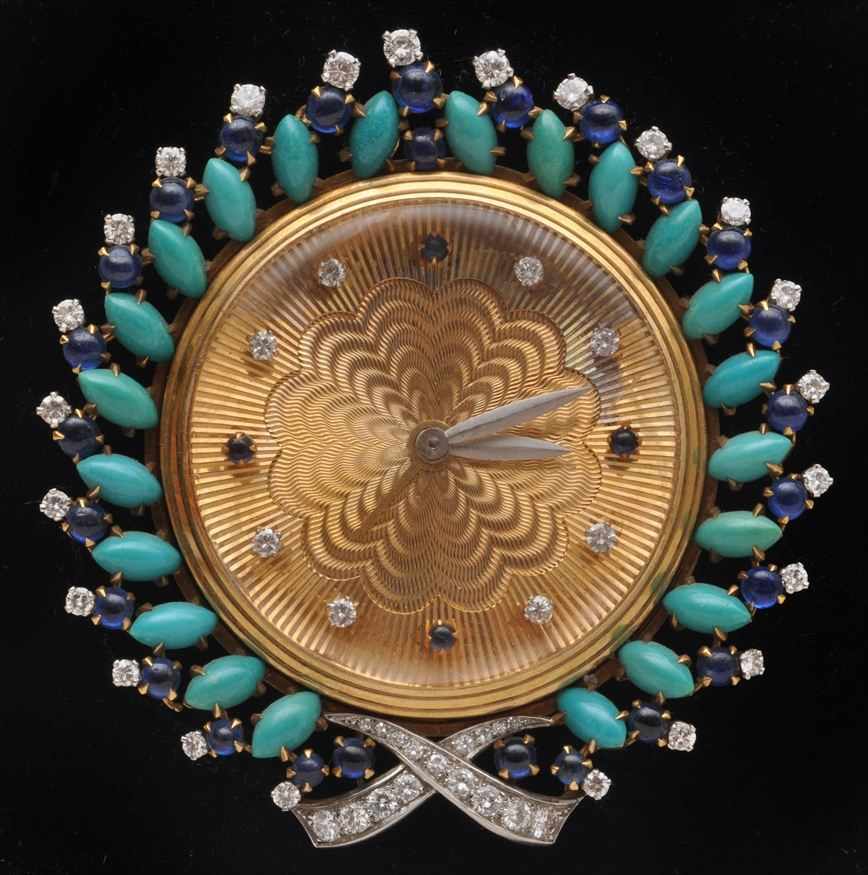 Appraisal: GILT-METAL DIAMOND SAPPHIRE AND TURQUOISE TRAVELING ALARM CLOCK In Bulgari