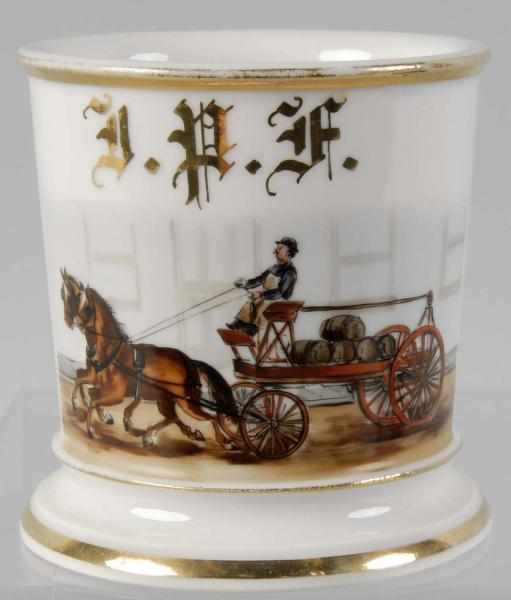 Appraisal: Horse-Drawn Wagon with Wooden Kegs Shaving Mug Description Gilt name