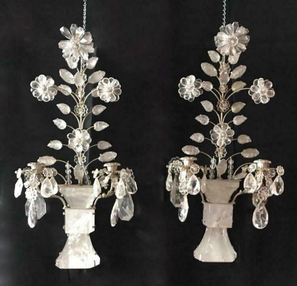 Appraisal: PAIR OF CLEAR ROCK CRYSTAL FLORAL WALL SCONCES A pair