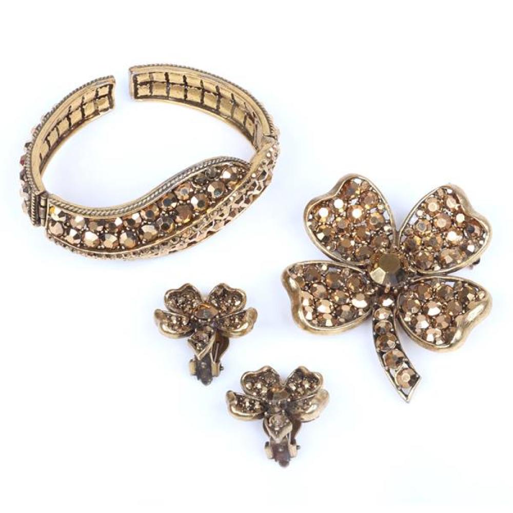 Appraisal: WEISS S PC SPARKLE JEWELRY SET CLAMPER BRACELET CLOVER PIN