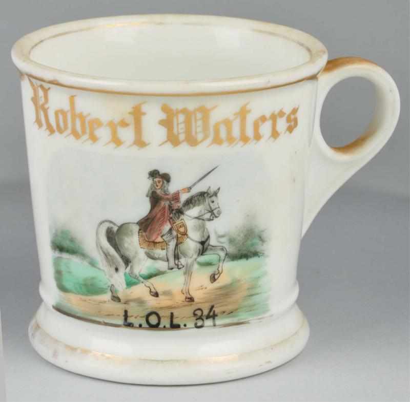 Appraisal: Horse Rider Fraternal Shaving Mug Description Gilt name Robert Waters