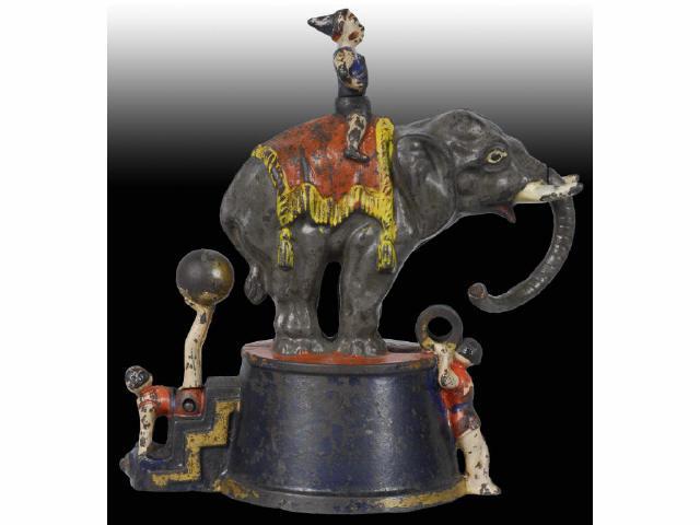 Appraisal: Cast Iron Elephant Clowns Mechanical Bank Description Manufactured by J