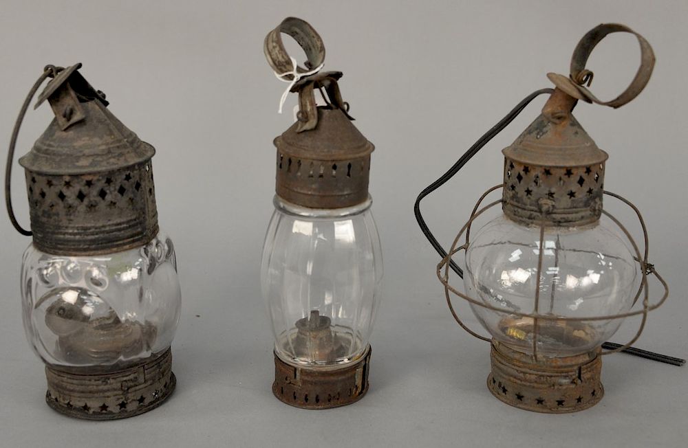 Appraisal: Three early lanterns two with molded glass one with ball