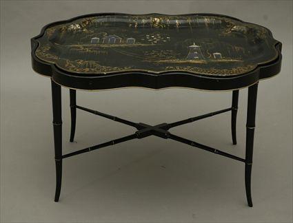 Appraisal: Victorian Mother-of-Pearl Inlaid Papier-M ch Tray on Later Stand x