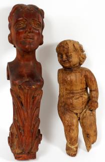 Appraisal: EUROPEAN CARVED WOOD FIGURE AND CORBEL PIECES EUROPEAN CARVED WOOD