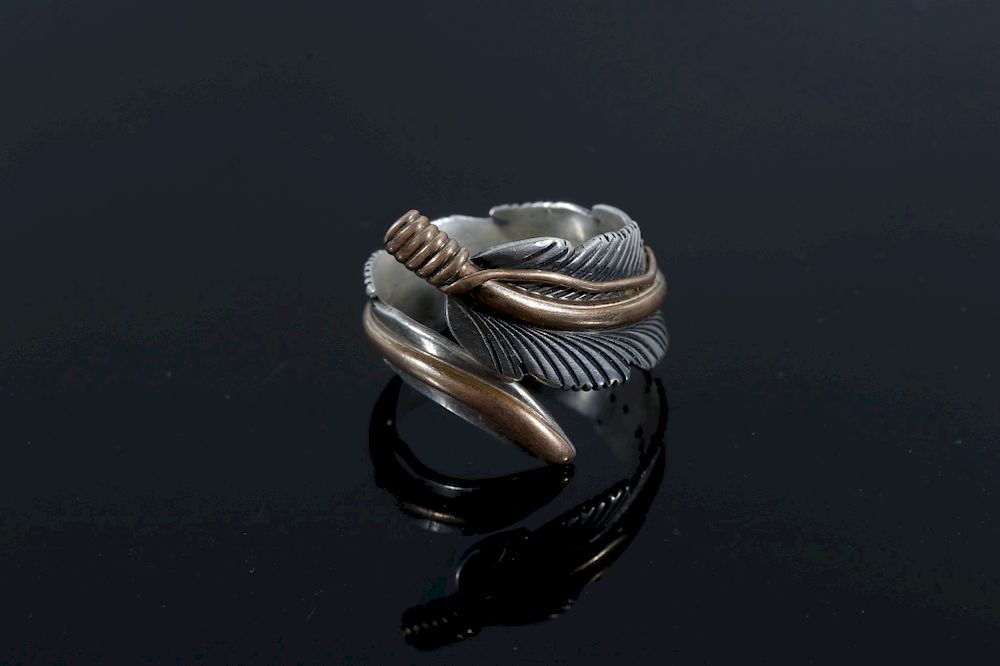 Appraisal: Navajo Signed Sterling Silver Gold Feather Ring Offered in this