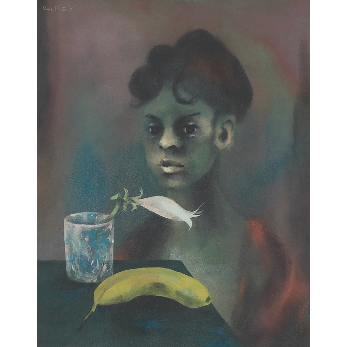 Appraisal: Karl Priebe American - ''Girl with Glass Lily and Banana