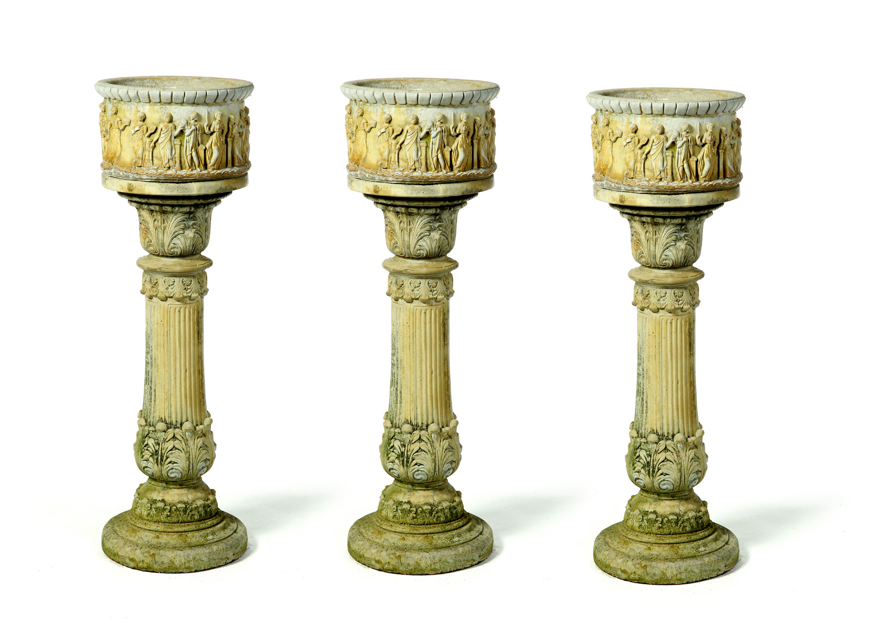 Appraisal: THREE MATCHING CAST CONCRETE PEDESTALS WITH JARDINIERES American th quarter-