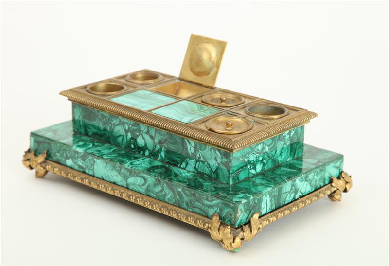 Appraisal: LOUIS PHILIPPE GILT-BRONZE-MOUNTED MALACHITE ENCRIER The stepped top with two