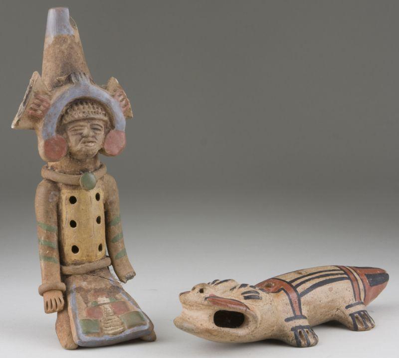 Appraisal: Two Pre-Columbian Style Ceramic Whistles both paint-decorated the first fashioned