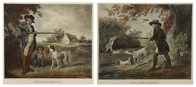 Appraisal: AFTER GEORGE MORLAND'Partridge Shooting' and 'Pheasant Shooting' hand-coloured engravings x