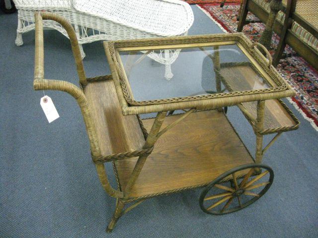 Appraisal: Antique Wicker Tea Cart natural finish lift off glass top