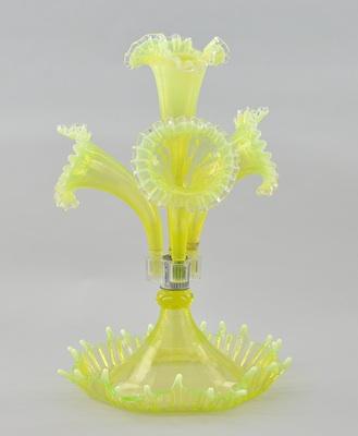 Appraisal: A Vaseline Glass Epergne Clear yellow glass with ruffled openings