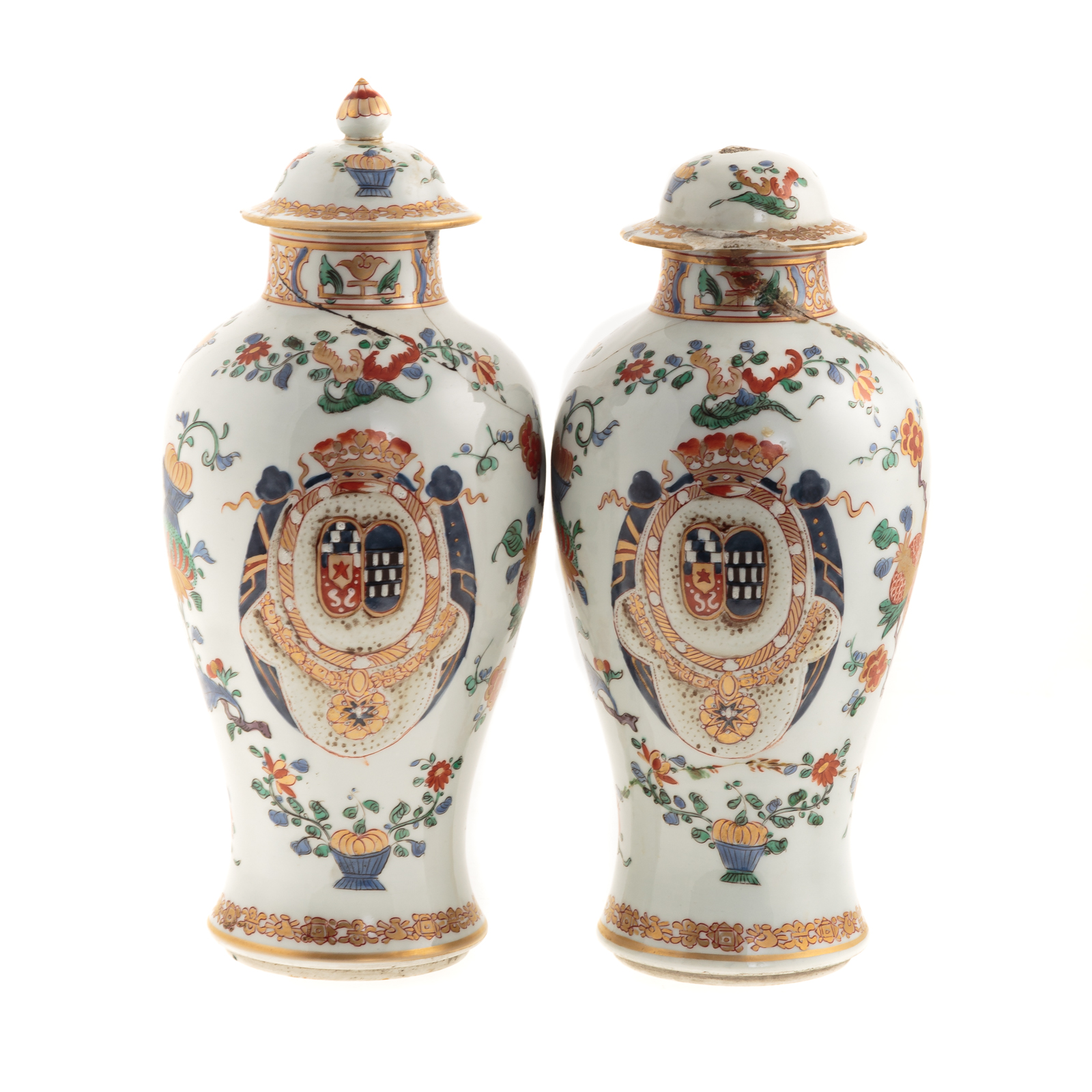 Appraisal: PAIR CHINESE EXPORT ARMORIAL GARNITURE JARS Circa in Famille Verte