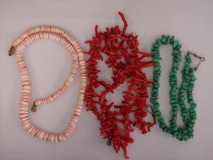 Appraisal: Coral Turquoise Necklaces coral branch tumbled turquoise and shell Estimate