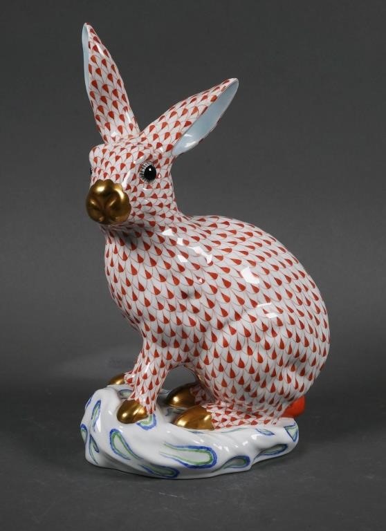 Appraisal: HEREND PORCELAIN LARGE RED FISHNET RABBIT Herend Hungarian founded A