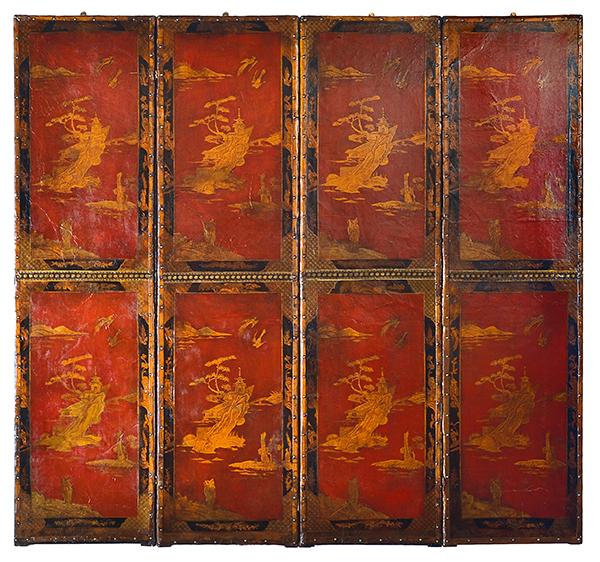 Appraisal: A CHINOISERIE PAINTED LEATHER FOUR PANELLED SCREEN each panel painted