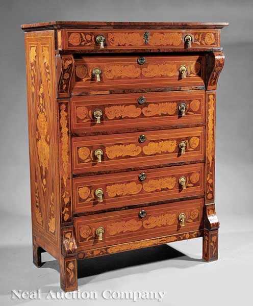 Appraisal: A Dutch Marquetry Tall Chest th c banded top above