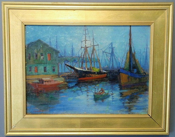 Appraisal: Oil on canvas painting of sailboats in a moonlit harbor