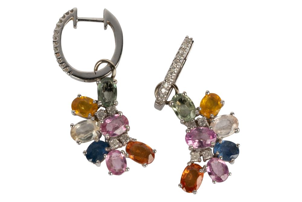 Appraisal: KARAT WHITE GOLD DIAMOND MULTI-COLOR SAPPHIRE EARRINGScontaining oval mixed multi-color