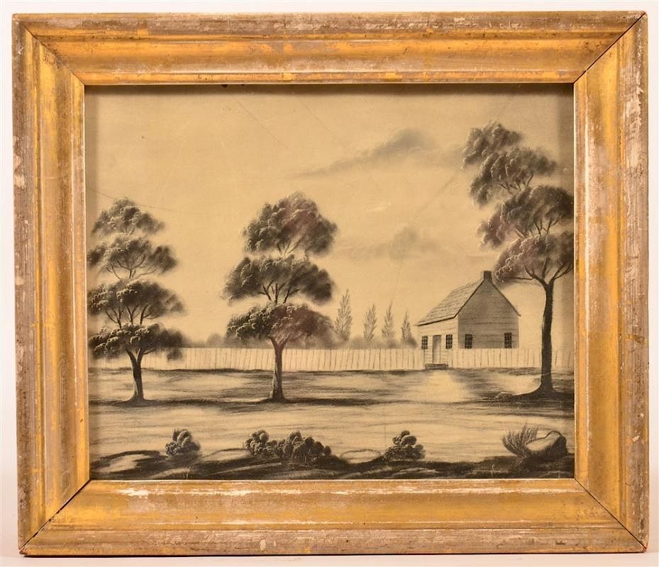 Appraisal: Charcoal Drawing of a Log Home with Fence th Century