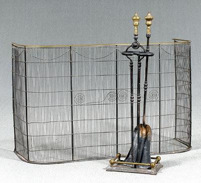 Appraisal: Wirework screen fire tools and stand swag and swirl wirework