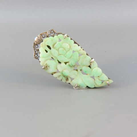 Appraisal: Chinese Carved Jade Brooch openwork floral leaf clip style circa