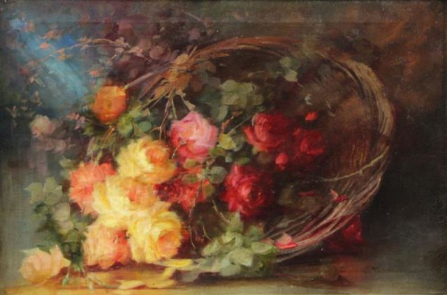 Appraisal: th C Oil on Canvas Still Life Roses in aBasket