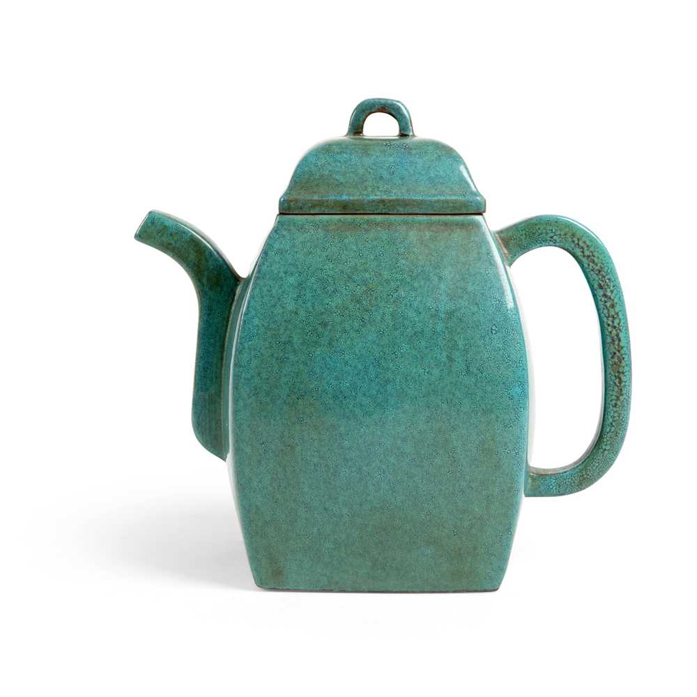 Appraisal: ROBIN'S-EGG-GLAZED YIXING STONEWARE EWER with a tall square body both