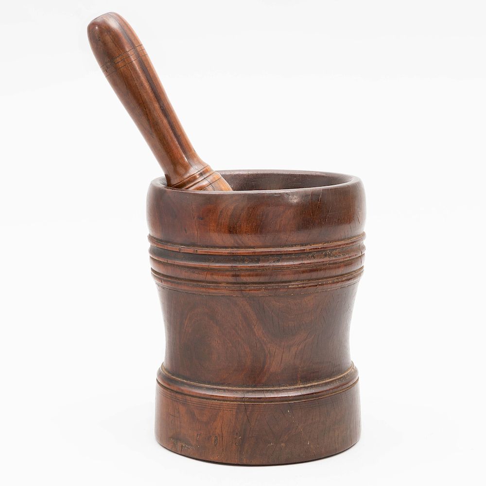 Appraisal: Carved Wood Mortar and a Pestle The mortar x in