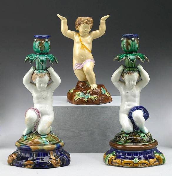 Appraisal: A pair of majolica figural candlesticks fourth quarter th century