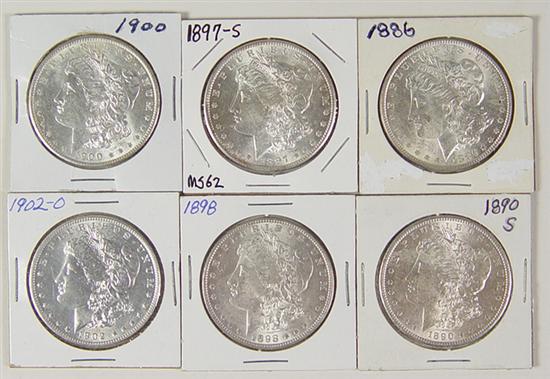 Appraisal: Six Uncirculated Morgan Dollars -S -S and -O Grades range