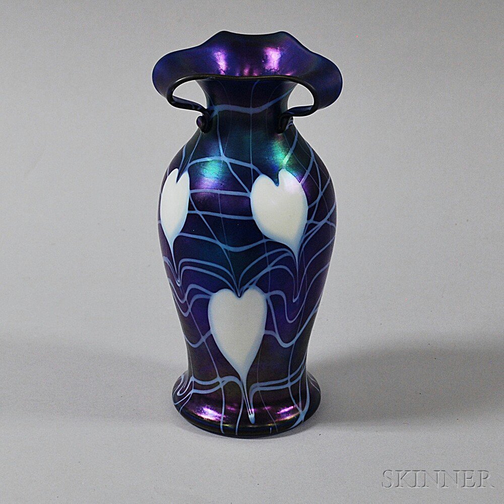 Appraisal: Heart and Vine Blue Iridescent Art Glass Vase th century