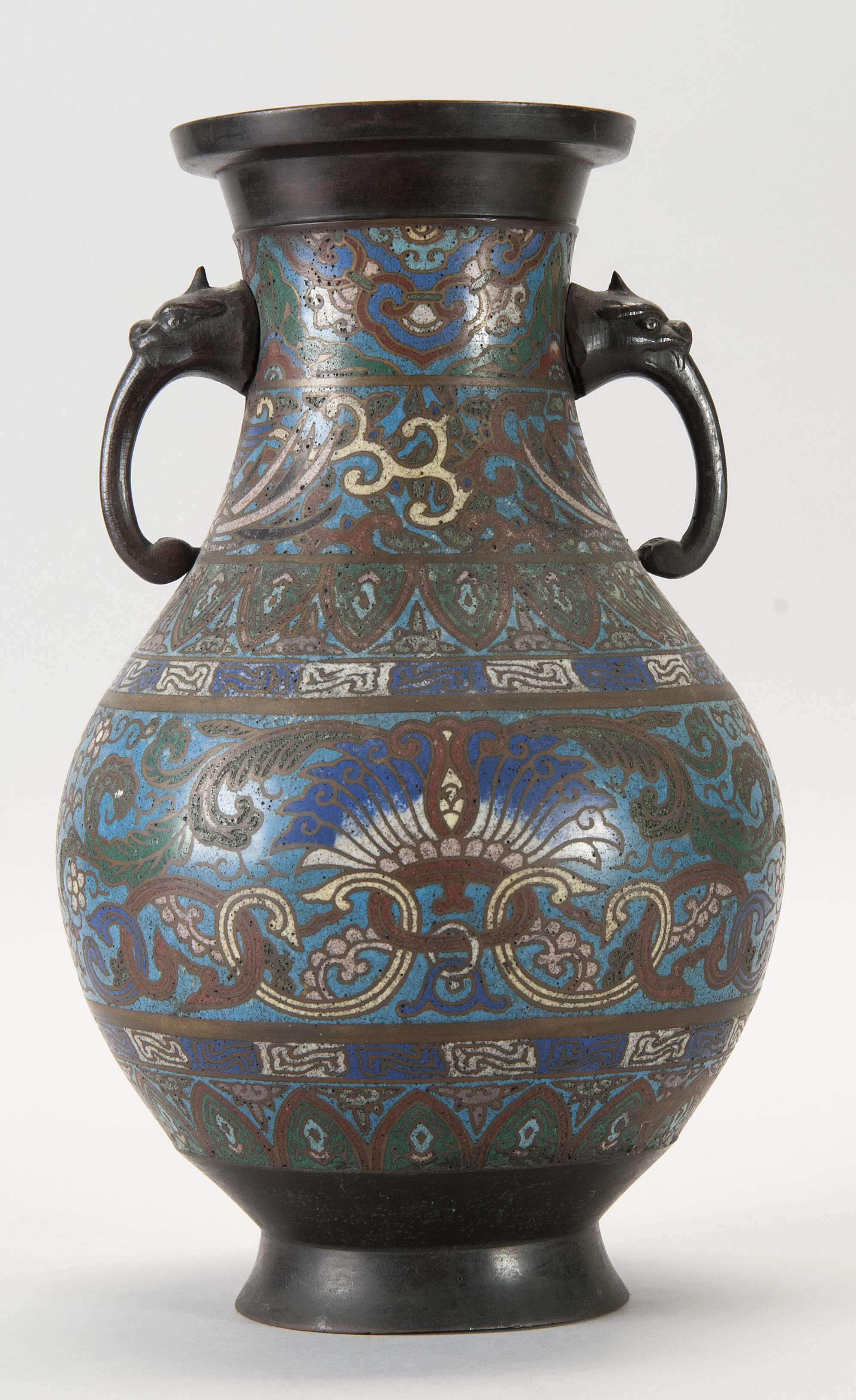 Appraisal: CHAMPLEV ENAMEL-ON-BRONZE VASE Meiji Period In pear shape with animal-head