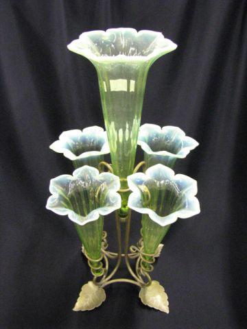 Appraisal: Vaseline Opalescent Art Glass Epergne Victorian five lily