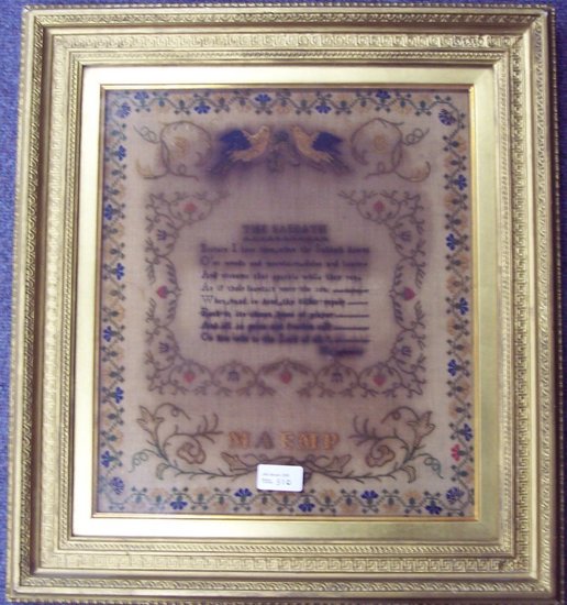 Appraisal: An early th Century needlework sampler with verse The Sabbath