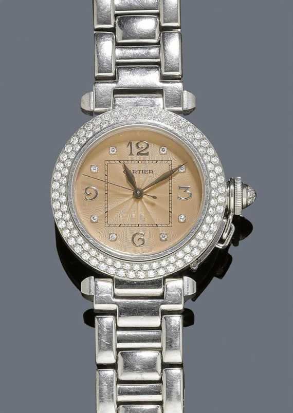 Appraisal: DIAMOND LADY'S WRISTWATCH AUTOMATIC CARTIER PASHA White gold Round case