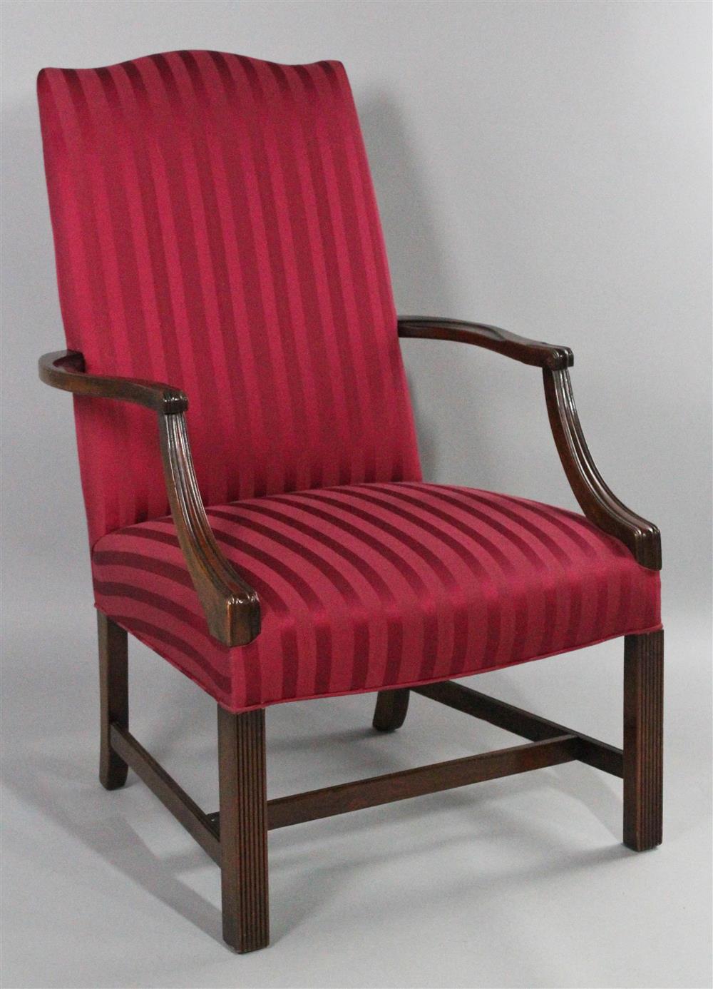 Appraisal: GEORGE III STYLE UPHOLSTERED MAHOGANY LIBRARY OPEN ARM CHAIR the