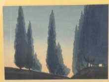 Appraisal: Yoshijiro Urushibara - a woodcut print of fir trees at