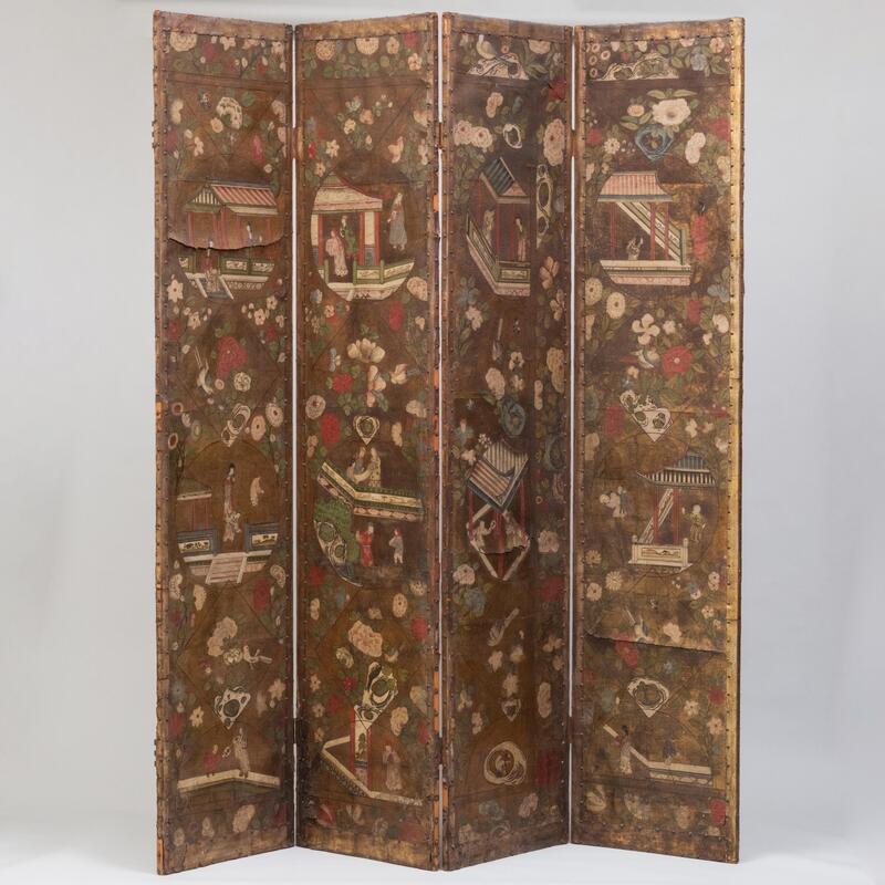 Appraisal: Dutch Polychrome Painted and Parcel-Gilt Leather Four Panel Screen ft