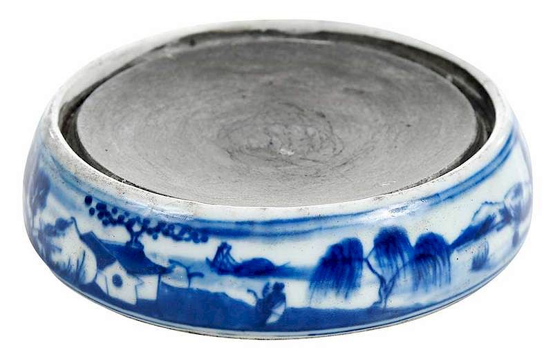 Appraisal: Kangxi Porcelain Ink Stone Blue and White Chinese Qing dynasty