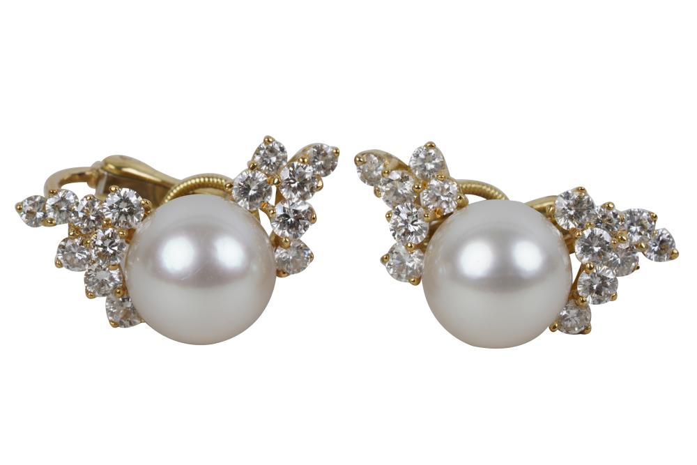 Appraisal: PAIR OF KARAT YELLOW GOLD DIAMOND CULTURED PEARL EARRINGScontaining two