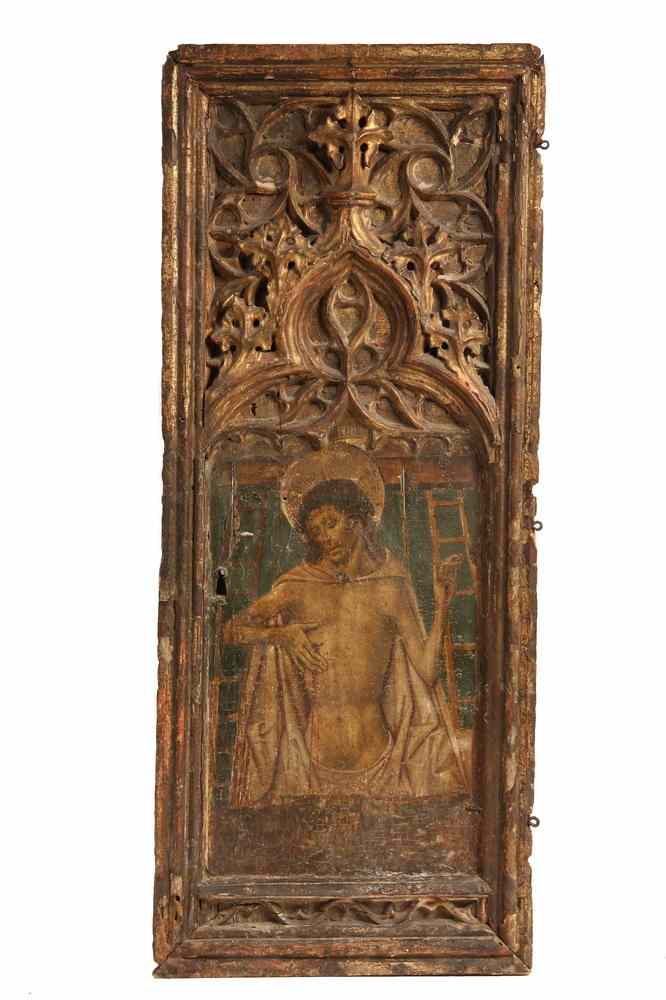 Appraisal: PAINTED CUPBOARD DOOR - Period Gothic th c Carved Giltwood