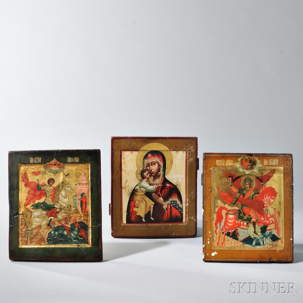 Appraisal: Three Russian Icons two kovcheg panels one depicting St George