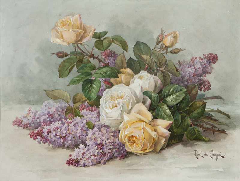 Appraisal: Still life with yellow roses and lilacs watercolor with white