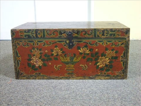 Appraisal: RED LACQUER WOOD TRUNK DECORATED WITH A FLORAL MOTIF