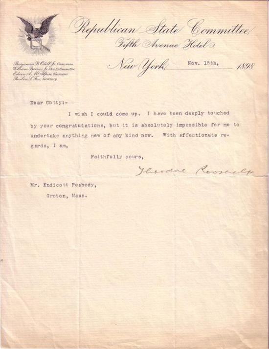 Appraisal: ROOSEVELT THEODORE Brief Typed Letter Signed sending thanks to Endicott