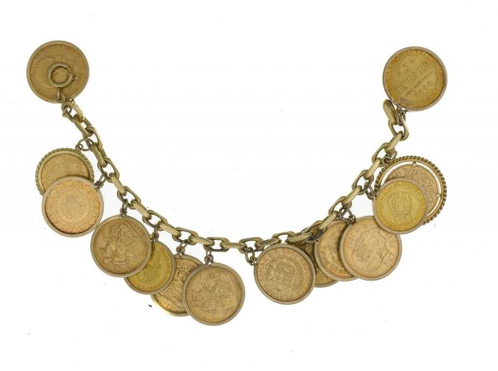 Appraisal: A GOLD COIN BRACELET the gold cross link chain marked